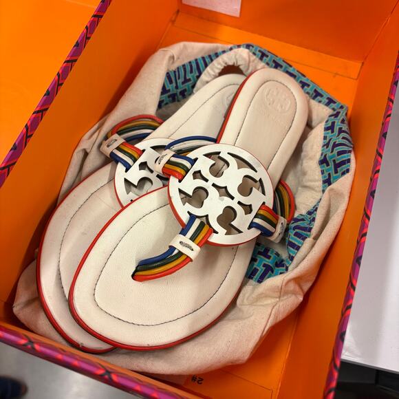 Tory Burch Miller Mignon Sandals Ivory Rainbow Strap Flat Slip On Sandals Size 5 - Picture 7 of 7